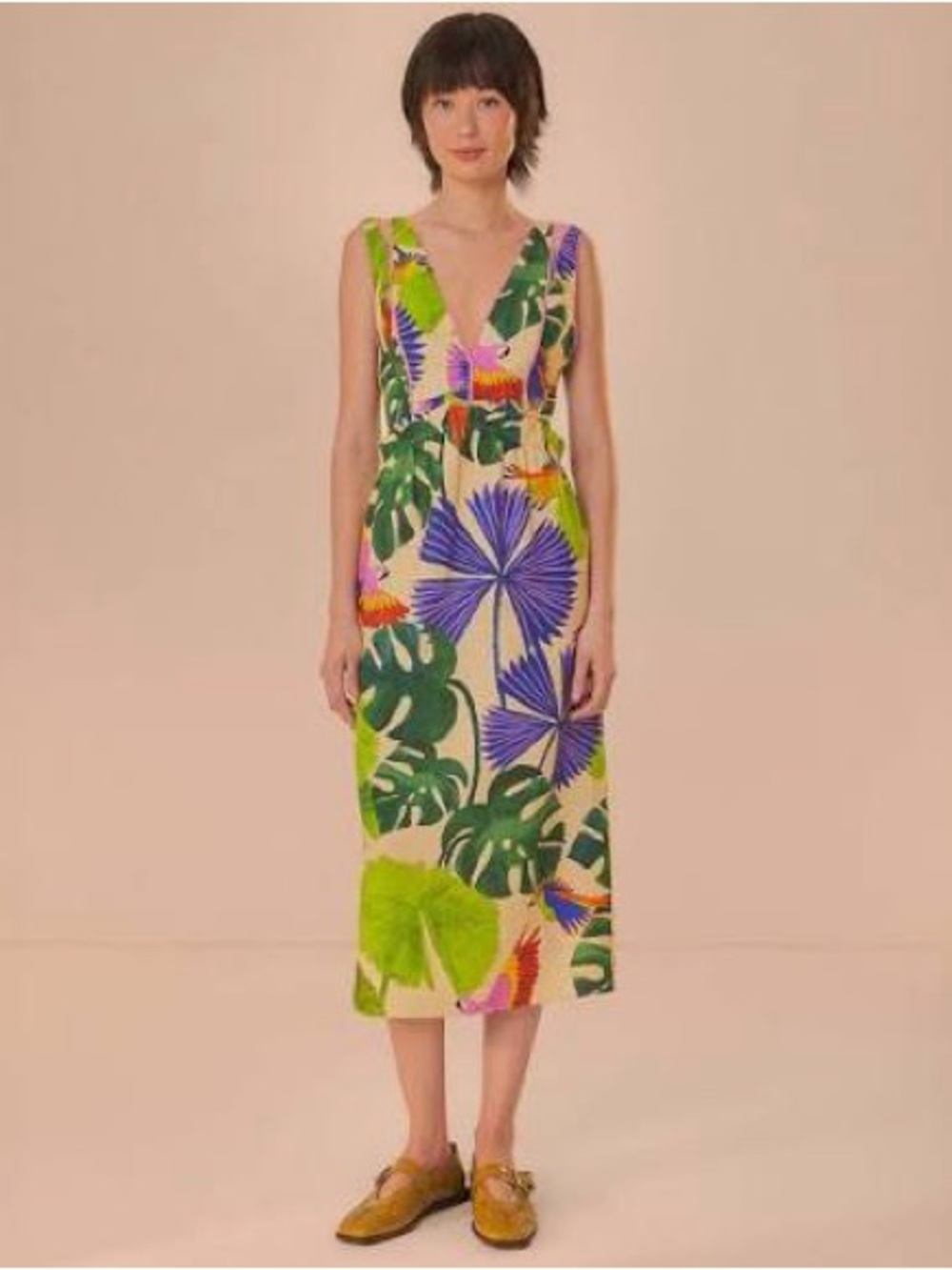 Farm Rio macaw jungle sand v neck midi dress